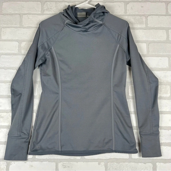 🩶 Athleta Medium Hoodie Plush Tech Running Pullover Hooded Sweater 138249 Gray - Picture 1 of 13